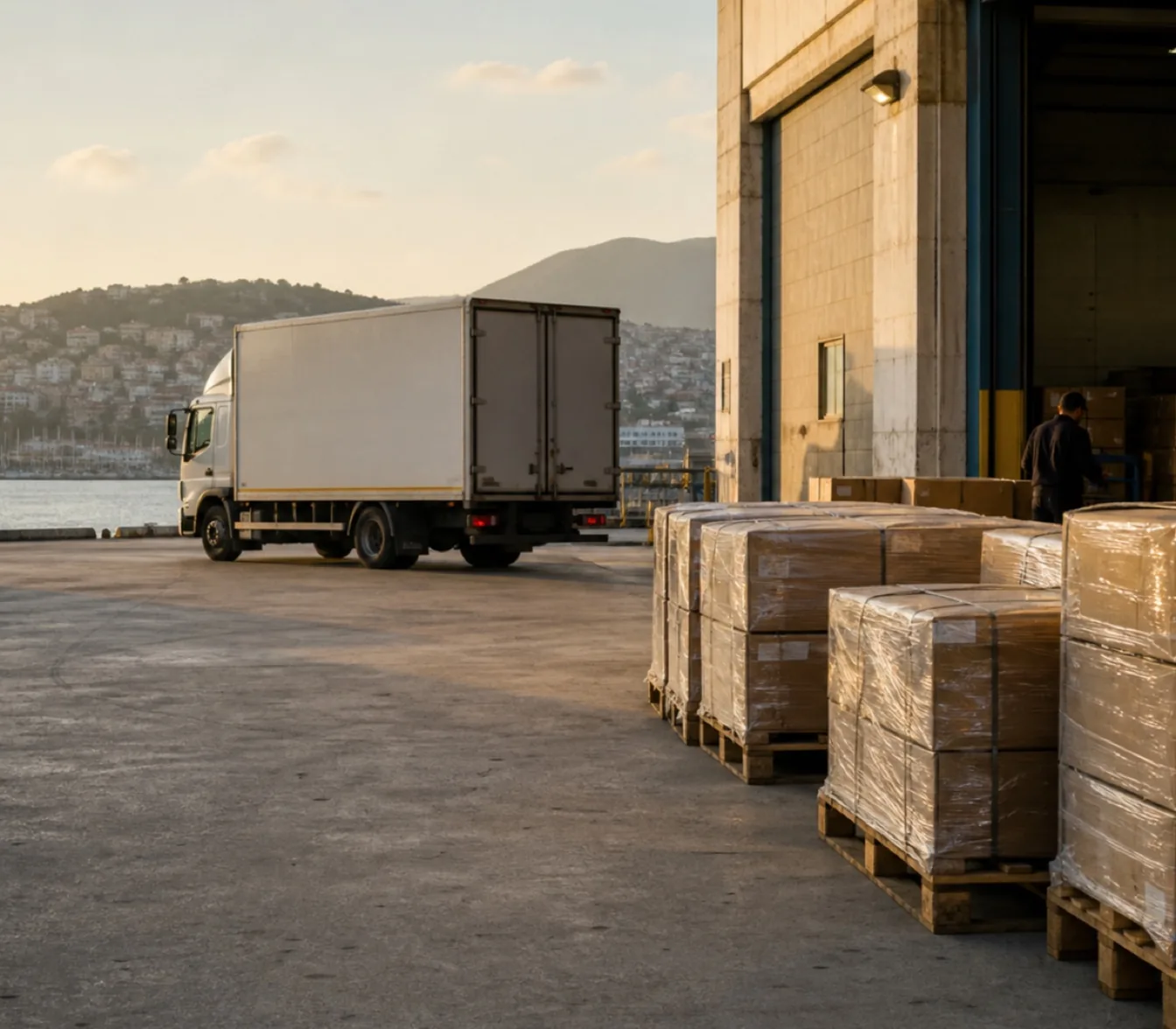 A truck leaving a warehouse dock with palletised goods, on the Turkish coast.