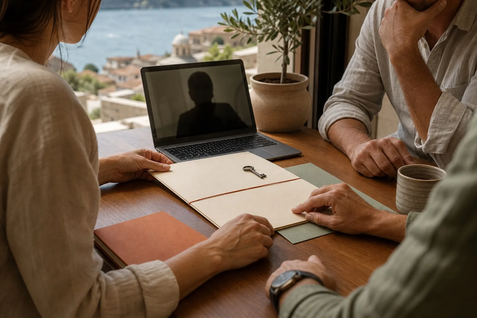 Family members reviewing estate papers remotely.