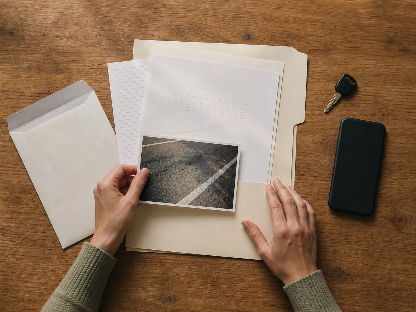 Accident evidence and photographs laid out for review.